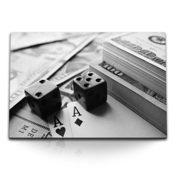 120x80cm Wandbild auf Leinwand Poker Spielkarten Casino Würfel Dollar Schwarz Weiß