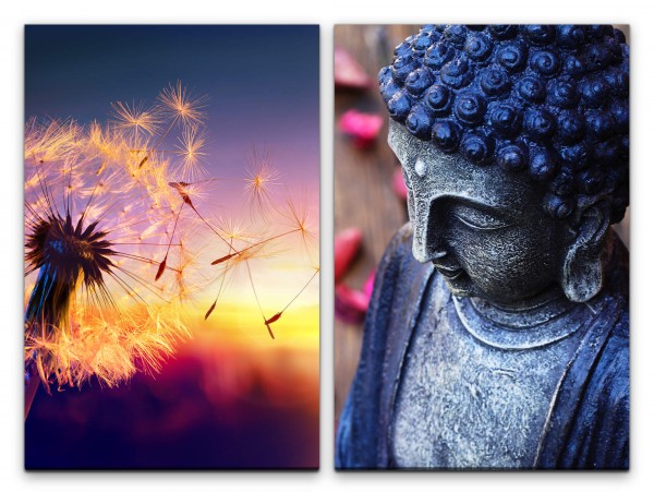 2 Bilder je 60x90cm Pusteblume Buddhakopf Sonnenuntergang Meditation Yoga Stille Beruhigend
