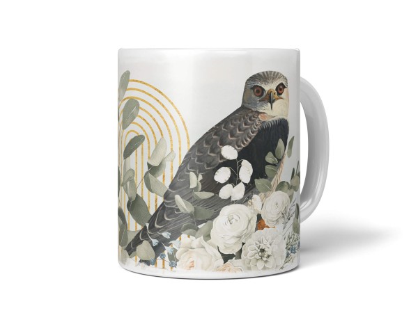 Dekorative Tasse mit schönem Vogel Motiv Eule Blumen Blüten Eukalyptus Pastelltöne Vintage