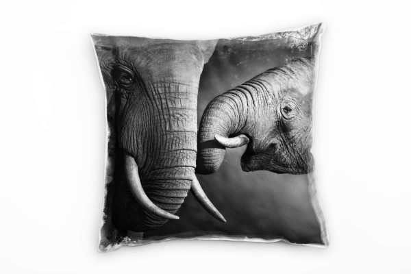 Tiere, schwarz, weiß, Elefantenbaby mit seiner Mutter Deko Kissen 40x40cm für Couch Sofa Lounge Zier