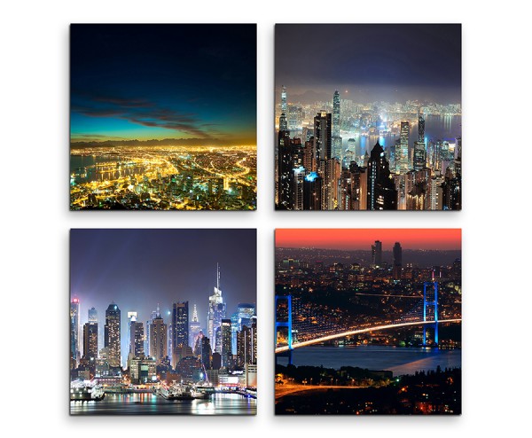 4 teiliges Leinwandbild je 30x30cm - New York Brooklyn Bridge Skyline Nacht