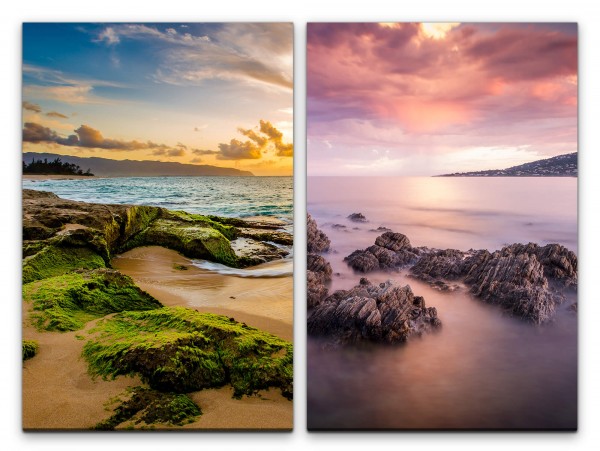 2 Bilder je 60x90cm Küste Insel Meer Horizont Sonnenuntergang Felsen Naturaufnahmen