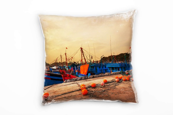 Meer, orange, braun, blau, Fischerboot, Hafen, Vietnam Deko Kissen 40x40cm für Couch Sofa Lounge Zie