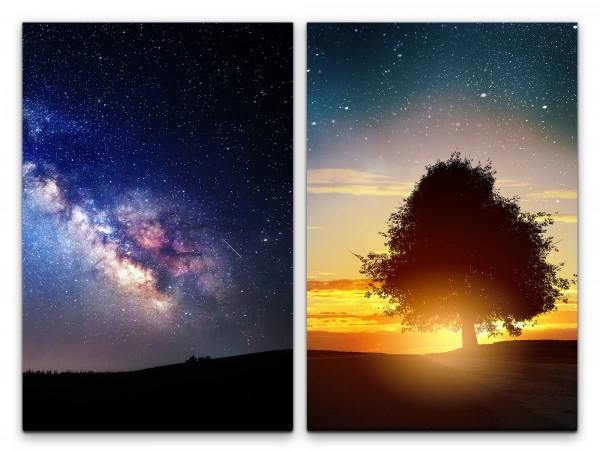 2 Bilder je 60x90cm Sommernacht Sternenhimmel Milchstraße Baum Astrofotografie Universum Sonnenunter