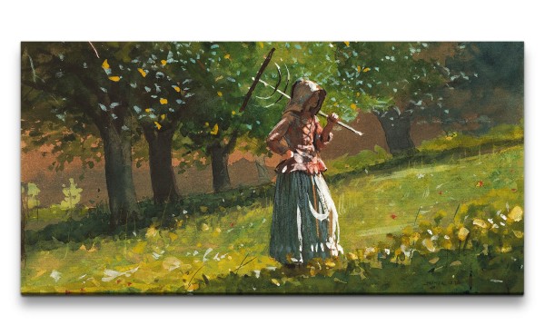 Remaster 120x60cm Winslow Homer weltberühmtes Wandbild Girl with Hay Rake grüne Natur Sommer Schön