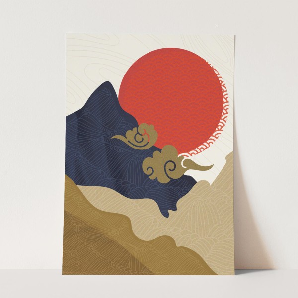 Japanische Kunst Rote Sonne Berge Abstrakt Harmonie Dekorativ