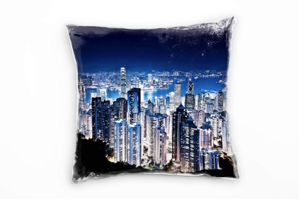 City, schwarz, blau, Hongkong, Nacht, Hochhäuser Deko Kissen 40x40cm für Couch Sofa Lounge Zierkisse