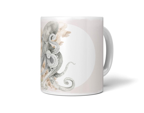 Dekorative Tasse mit schönem Motiv Oktopus Blumen Pastellton Beige Kunstvoll Wunderschön