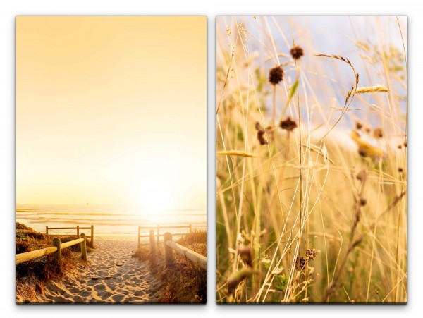 2 Bilder je 60x90cm Stranddünen Strandweg Meer Halme Sommer Sonnenschein Sonnenuntergang