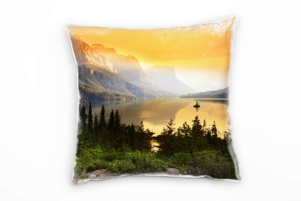 Seen, Berge, Wasser, blau, orange, Wald und Sträucher Deko Kissen 40x40cm für Couch Sofa Lounge Zier