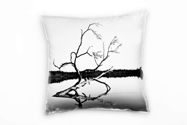 Seen, schwarz, weiß, umgestürzter Baum, Spiegelung Deko Kissen 40x40cm für Couch Sofa Lounge Zierkis