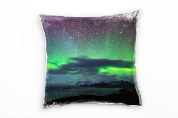 Natur, Polarlichter, Berge, grün, lila Deko Kissen 40x40cm für Couch Sofa Lounge Zierkissen