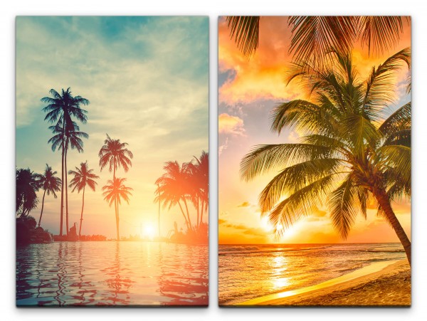 2 Bilder je 60x90cm Palmen Sommer Karibik Südsee Meer Sandstrand Sonnenuntergang