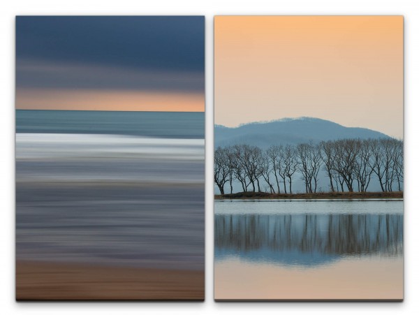 2 Bilder je 60x90cm Horizont Minimal Meer Baumreihe Reflexion Natur Entspannend
