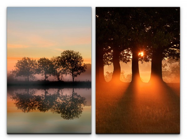 2 Bilder je 60x90cm Bäume Flussufer Sonnenaufgang Baumreihe Reflexion warmes Licht positive Energie