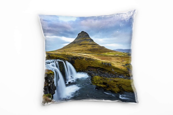 Natur, Wasserfall, Island, grau, grün Deko Kissen 40x40cm für Couch Sofa Lounge Zierkissen