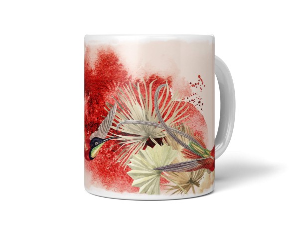 Dekorative Tasse mit schönem Vogel Motiv Bienenelfe Blumen Kunstvoll Paradies Rot