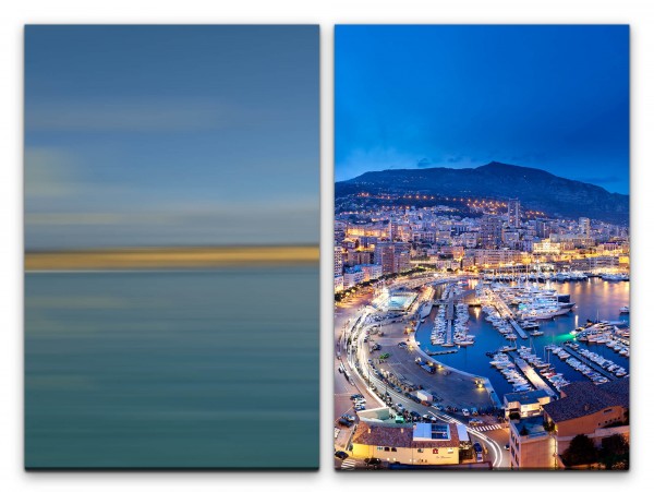 2 Bilder je 60x90cm Hafen Monaco Jachten Küste Stadtlichter Urlaub Promenade
