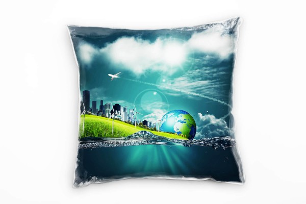 Illustration, türkis, grün, Erde, Windmühle, City Deko Kissen 40x40cm für Couch Sofa Lounge Zierkiss