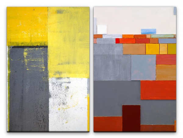 2 Bilder je 60x90cm Abstrakt Farbe Geometrisch Pastelltöne Gelb Modern Wand