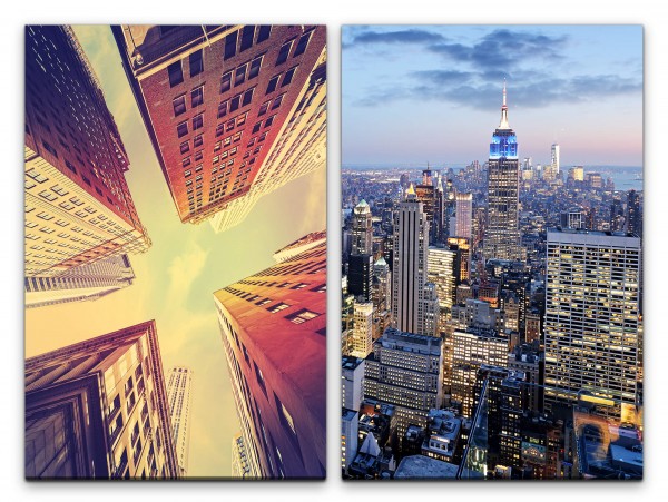 2 Bilder je 60x90cm Wolkenkratzer Großstadt Architektur Hochhäuser Skyline Abenddämmerung Mega City