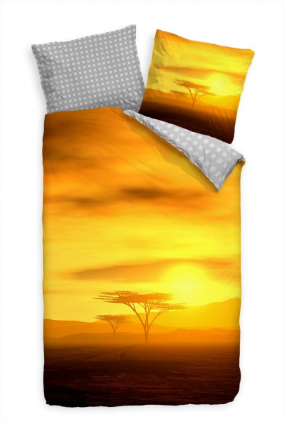 Afrika Sonnenuntergang Gelb Orange Bettwäsche Set 135x200 cm + 80x80cm Atmungsaktiv