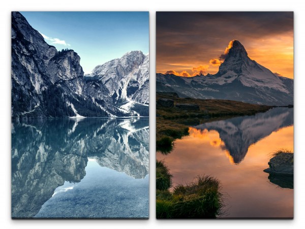 2 Bilder je 60x90cm Berge Bergsee Klarheit Reflexion Schneegipfel Ruhe Meditation
