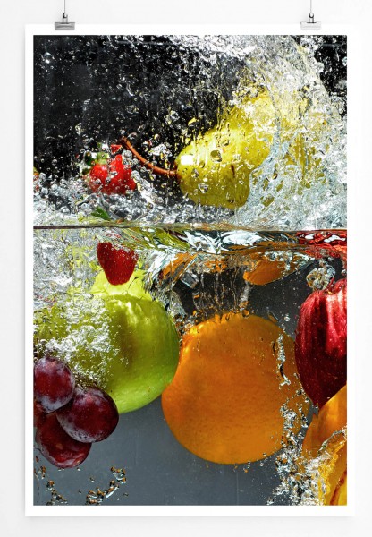 60x90cm Food-Fotografie Poster Obst im spritzenden Wasser