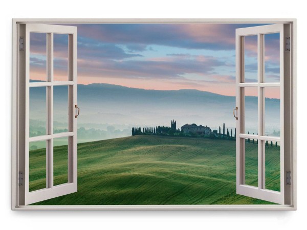 Wandbild 120x80cm Fensterbild Landschaft Toskana Landhaus Hügel Grün Natur