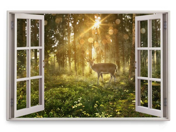 Wandbild 120x80cm Fensterbild Natur Hirsch Wald Sonnenstrahl Bäume