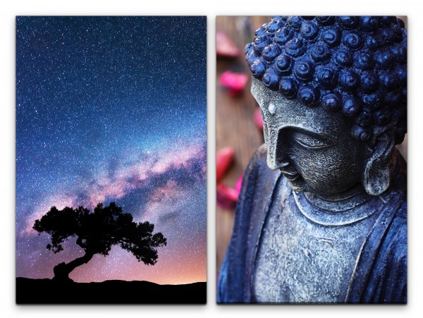 2 Bilder je 60x90cm einsamer Baum Buddha Milchstraße Karma Meditation Astrofotografie positive Energ