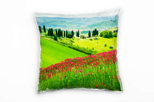 Landschaft, grün, rot, Mohnblumen, Hügel, Italien Deko Kissen 40x40cm für Couch Sofa Lounge Zierkiss
