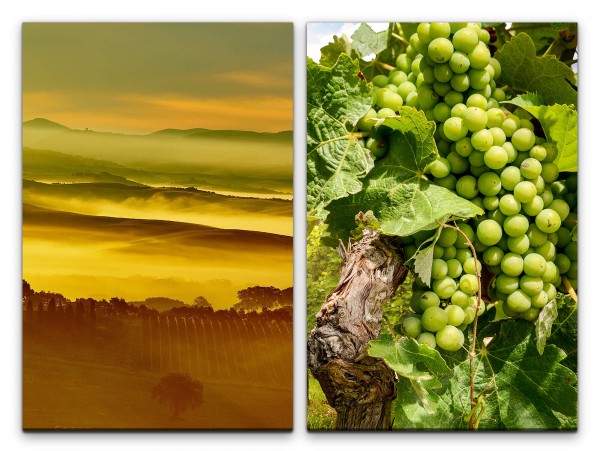 2 Bilder je 60x90cm Toskana Nebel Weintrauben Mediterran Hügellandschaft Morgentau Sommer
