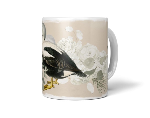 Dekorative Tasse mit schönem Vogel Motiv Ente Blumen Blüten Kunstvoll Pastelltöne