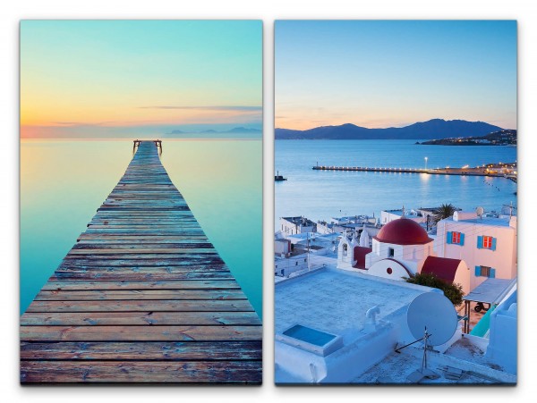 2 Bilder je 60x90cm Steg Mittelmeer Santorini Abendröte ruhiges Meer Entspannend Erholsam