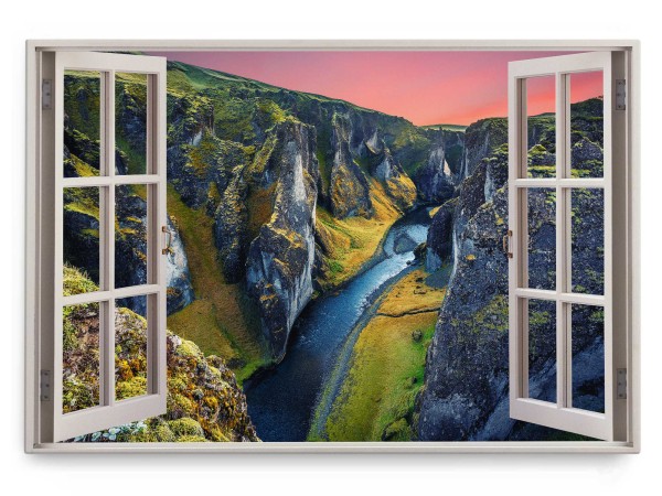 Wandbild 120x80cm Fensterbild Island Landschaft Schlucht Berge Felsen Fluss