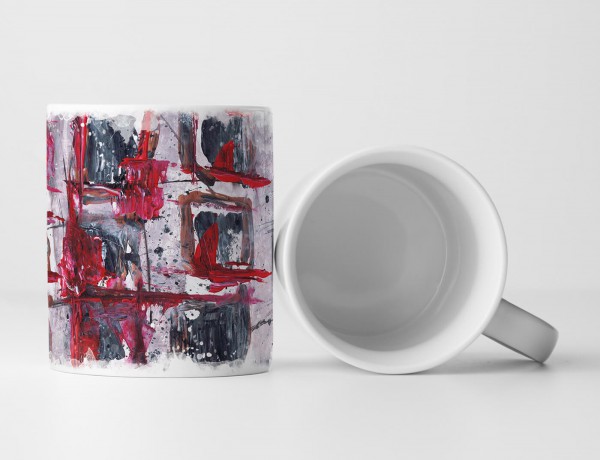 Tasse Geschenk dunkelstahlblaue Abstraktion,rote Umrandung,hellgrauer Hintergrund 
