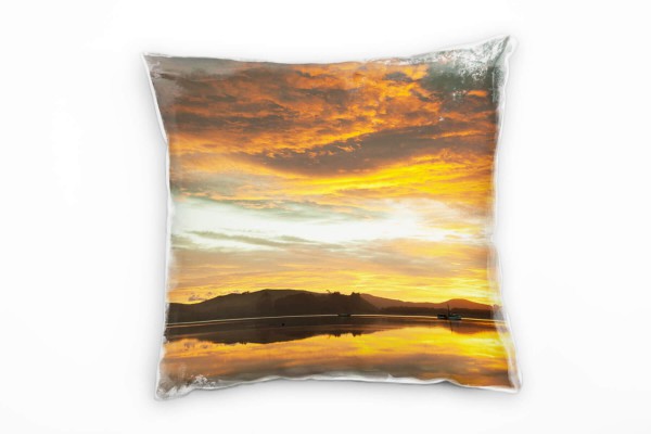Seen, orange, schwarz, Sonnenuntergang, Neuseeland Deko Kissen 40x40cm für Couch Sofa Lounge Zierkis