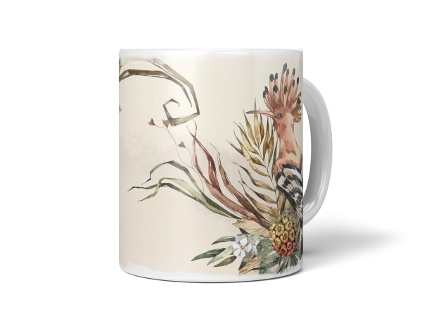 Dekorative Tasse mit schönem Vogel Motiv Wiedehopf exotische Pflanzen Pastelltöne Vintage