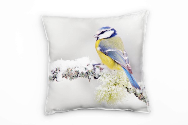 Tiere, Vogel, Blaumeise, Winter, grau, blau, gelb Deko Kissen 40x40cm für Couch Sofa Lounge Zierkiss