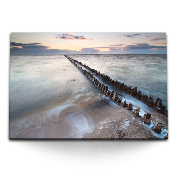 120x80cm Wandbild auf Leinwand Meer Strand Horizont alter Holzsteg Abenddämmerung