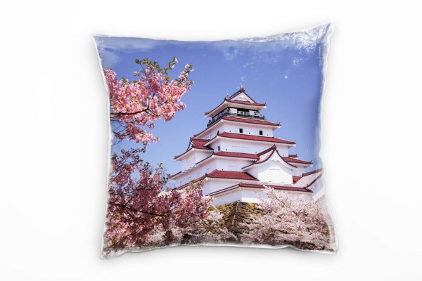 Urban, rosa, blau, Kirschblüten, Japan, Castle Deko Kissen 40x40cm für Couch Sofa Lounge Zierkissen