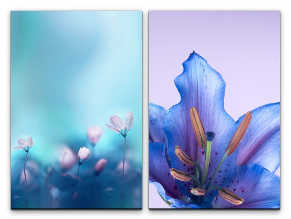 2 Bilder je 60x90cm Blumen Blau Sanft Dekorativ Blüten Kunstvoll Zart