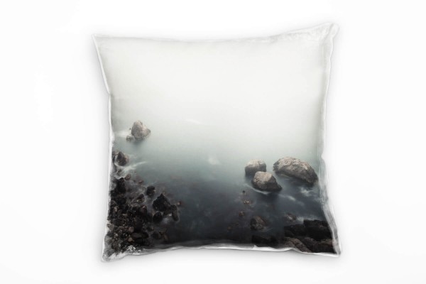 Strand und Meer, grau, blau, Nebel am Morgen Deko Kissen 40x40cm für Couch Sofa Lounge Zierkissen
