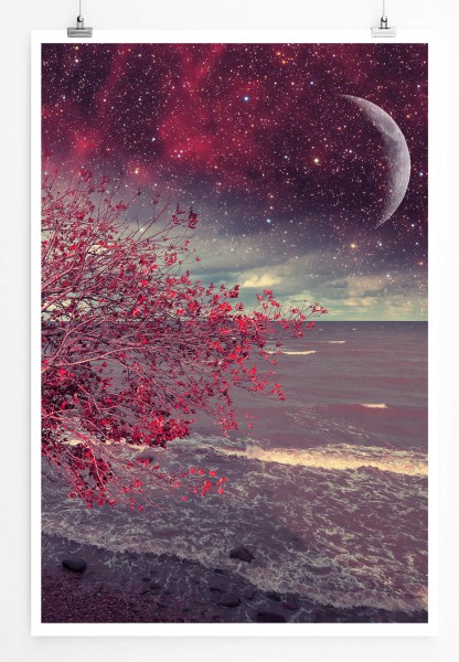 Fotocollage 60x90cm Poster Roter Baum am Strand bei Nacht