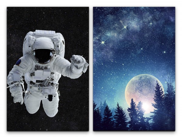 2 Bilder je 60x90cm Astronaut Vollmond Steine Milchstraße Tannenwald Sommernacht Zauberhaft