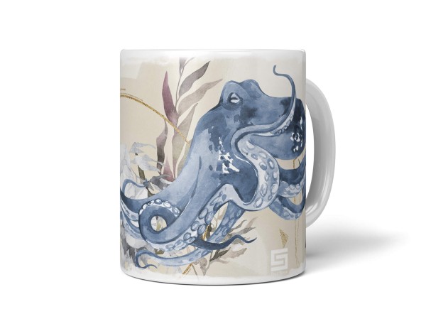 Dekorative Tasse mit schönem Motiv Oktopus Blumen Blüten Pastellton Wasserfarben