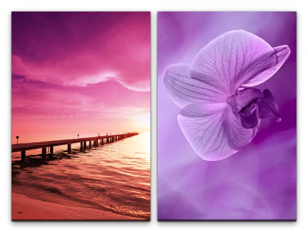 2 Bilder je 60x90cm Steg Strand Orchidee rosa Wolken Friedsam Sonnenaufgang Beruhigend