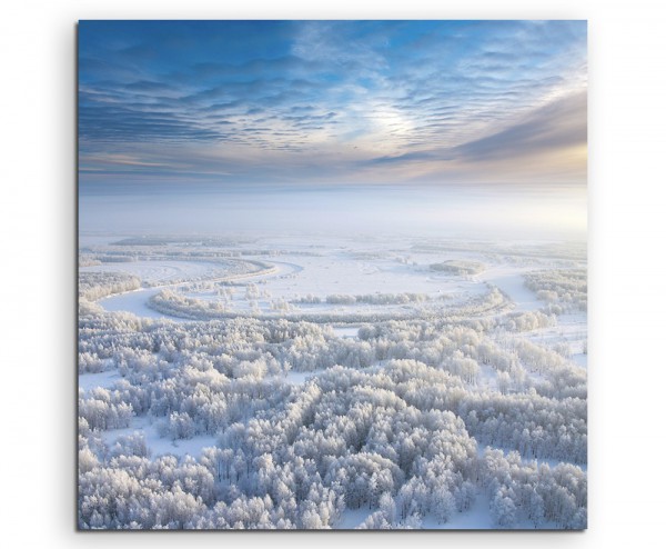 Landschaftsfotografie  Verschneiter Winterwald mit blauem Himmel auf Leinwand exklusives Wandbild 