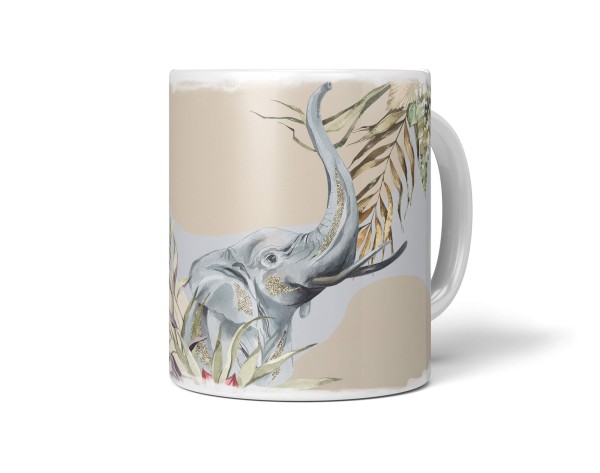 Tasse Porzellan Tier Motiv kleiner Elefant Pflanzen Blumen Kunstvoll Dekorativ